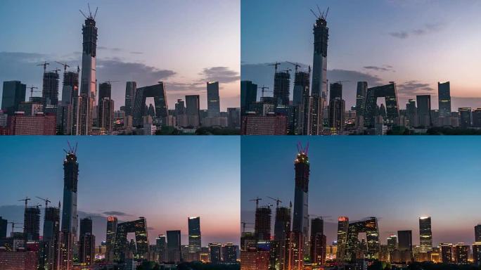 T/L城市天际线高角度视图，从白天到晚上/北京，中国