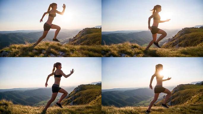 年轻女运动员在山里奔跑