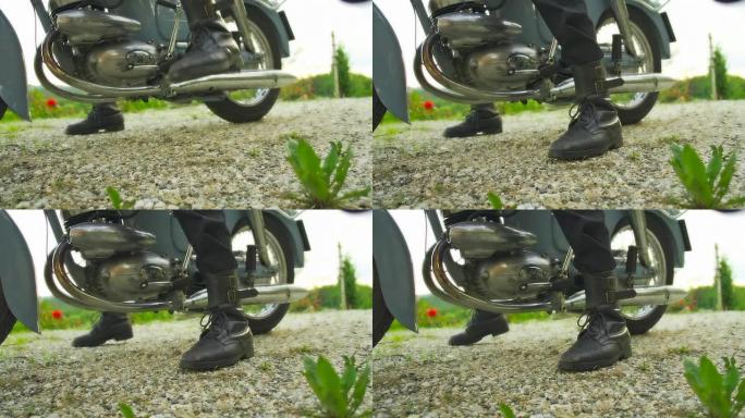 高清慢速运动：复古摩托骑士战靴