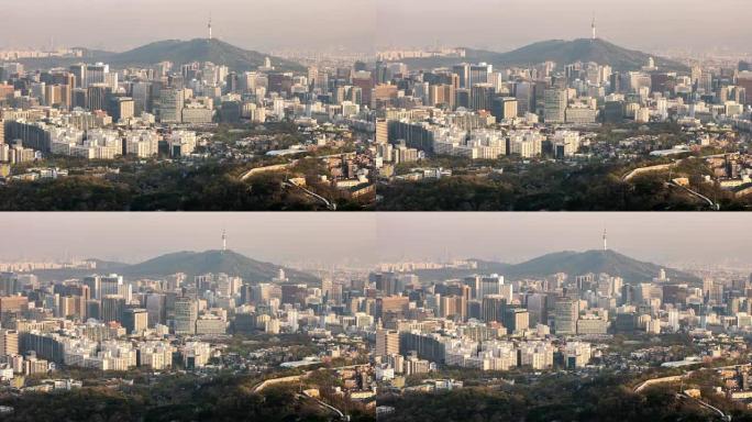 延时: 韩国首尔首尔市中心摩天大楼天际线的鸟瞰图