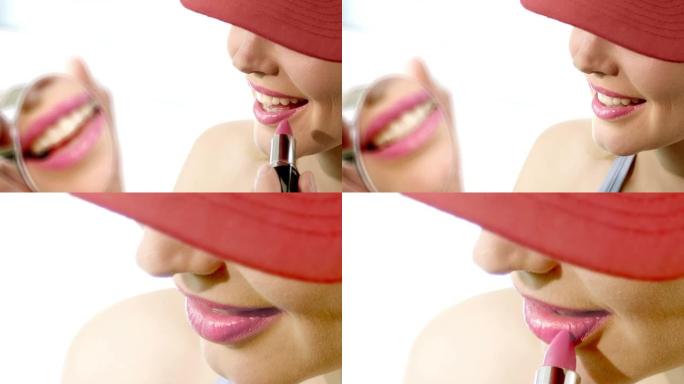 年轻的女人，涂着口红的红唇。