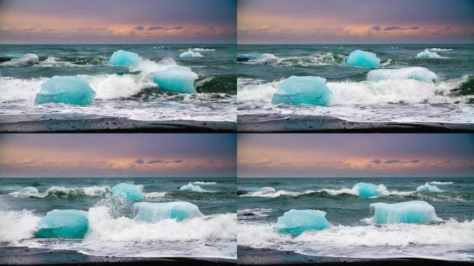 慢动作：海滩上的冰山-冰岛