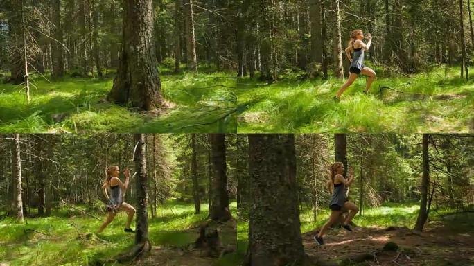 夏天在阳光普照的森林小径上奔跑的健康女人