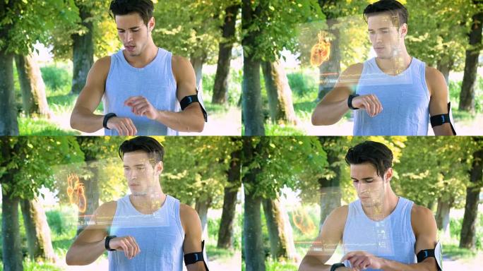 一个未来主义的年轻运动员 (盖伊) 使用全息全息图，看着心跳，脉搏，有氧运动，在街上奔跑。