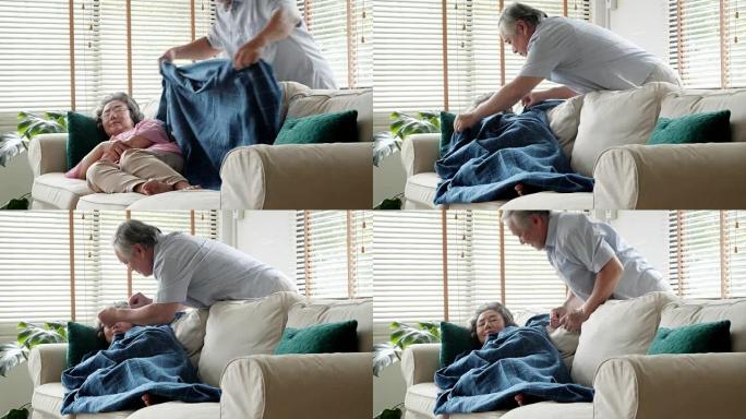 泰国家庭在家: 老人用毯子照顾老妇人