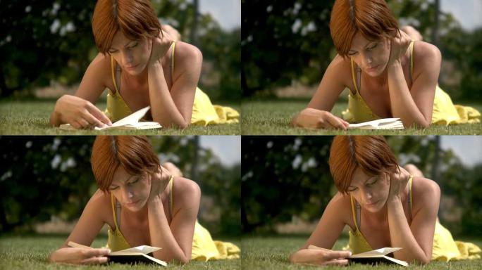 年轻女子读书欧美女人躺草地看书