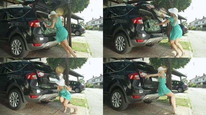 镜头耀斑: 开朗的女人试图将所有行李都放在SUV的后备箱中。
