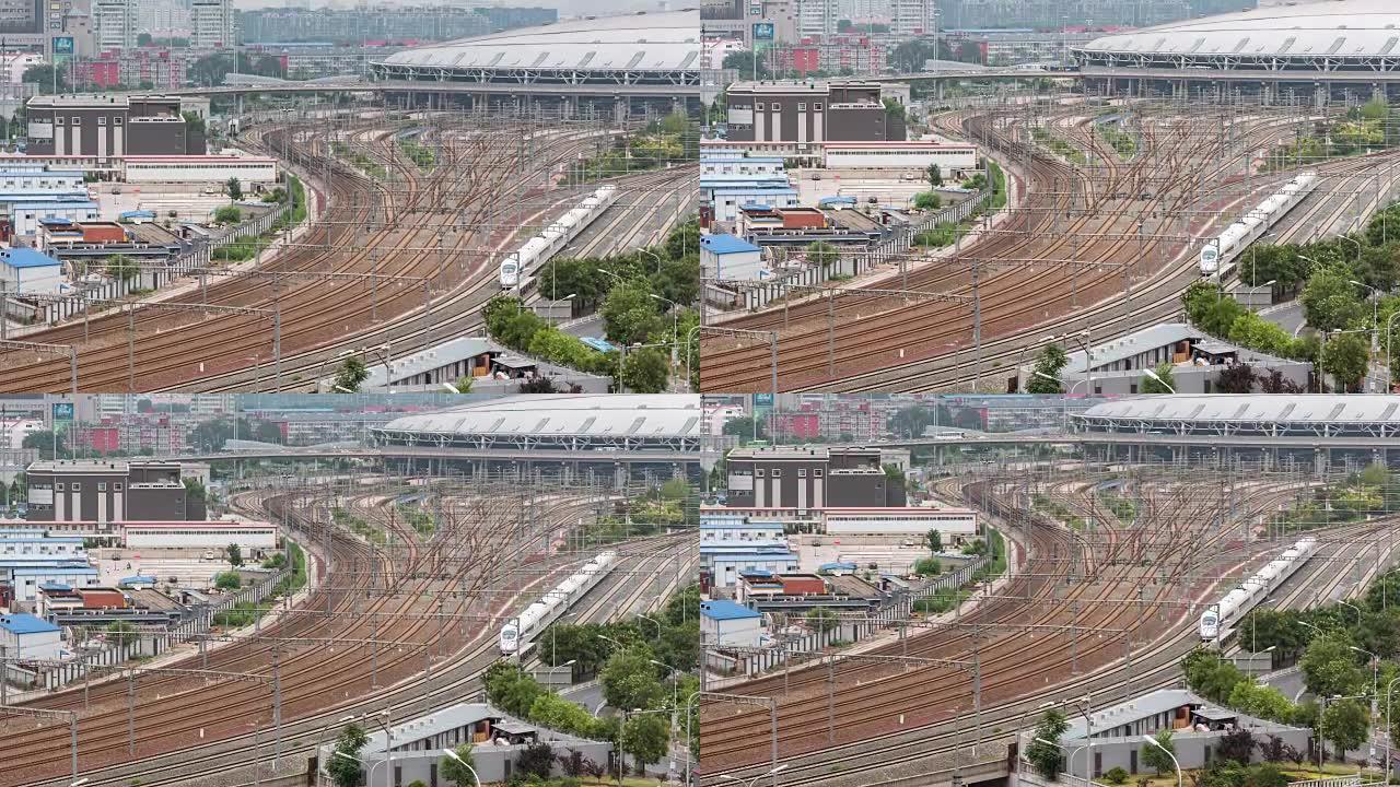 延时-中国北京火车站一组火车的鸟瞰图
