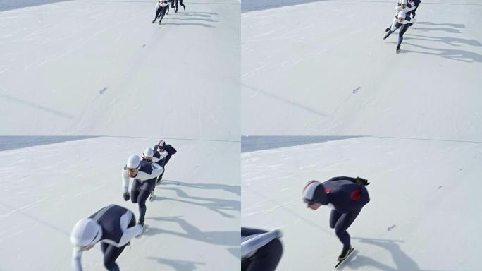 穿着赛车服的女运动员在溜冰场上滑冰