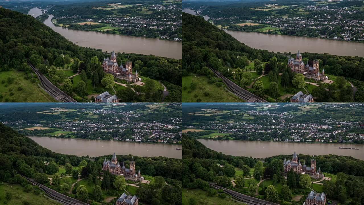 德国Siebengebirge的Drachenburg城堡的航拍