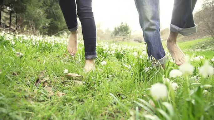 高清超慢动作: 情侣赤脚走过春天的草地