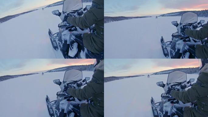 SLO MO POV骑着雪地摩托穿越挪威的雪地