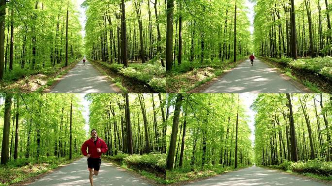 高清起重机: 男子在森林道路上慢跑