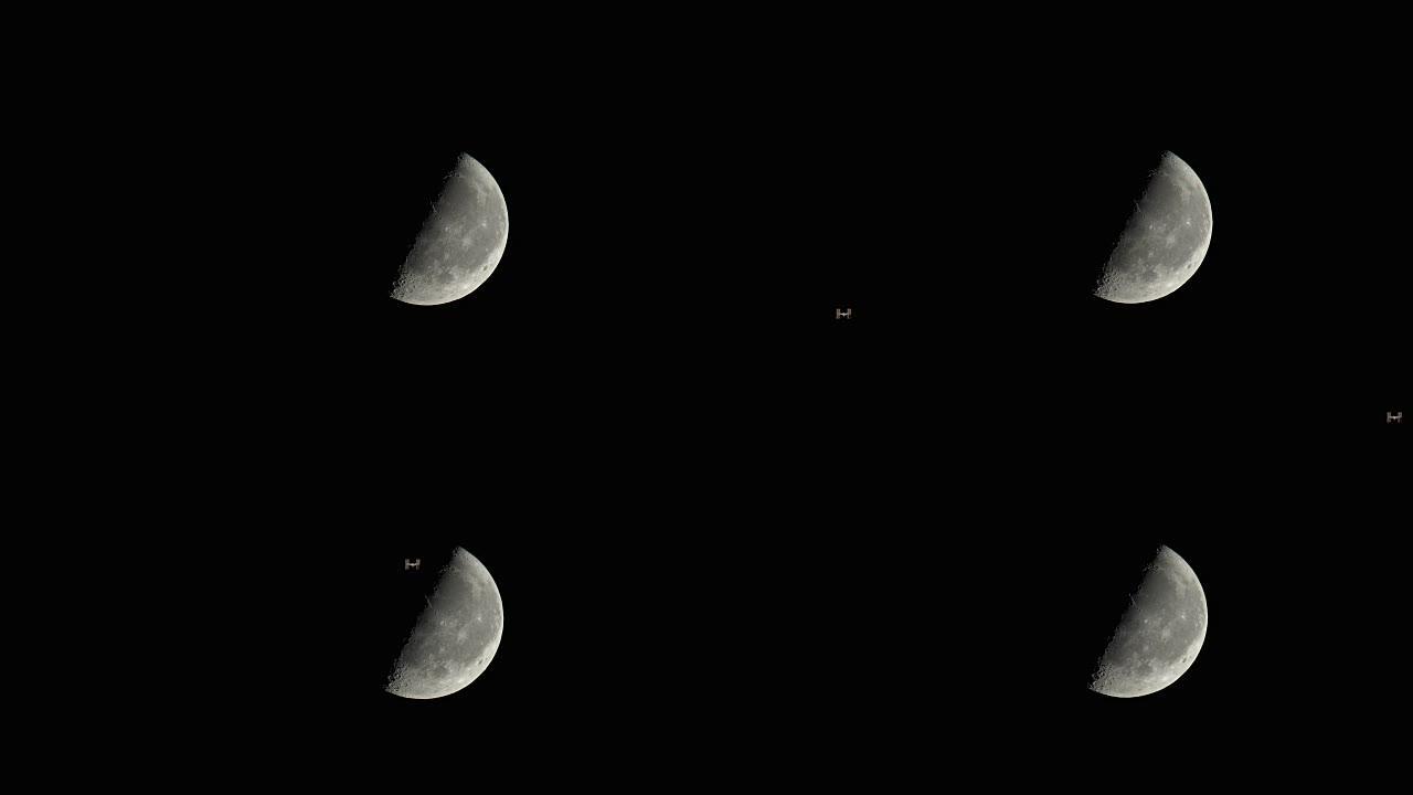 在月球上飞行的国际空间站背景