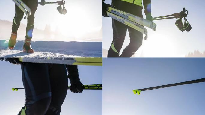 冬季越野滑雪者携带运动器材