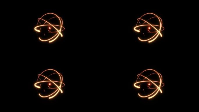 火热的原子圆魔术在黑色背景上围绕核心闪亮旋转