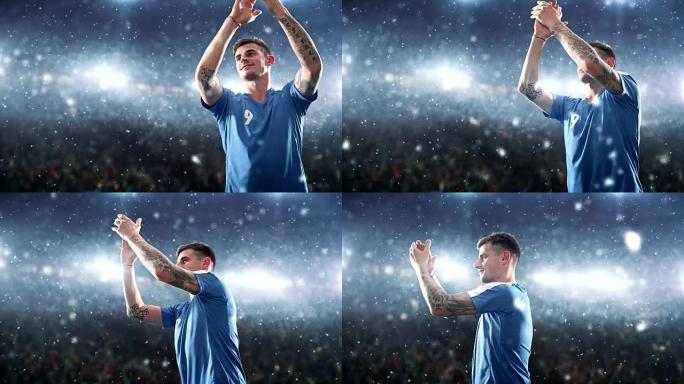 足球运动员庆祝胜利，并在下雪时在专业体育场上高兴地拍手