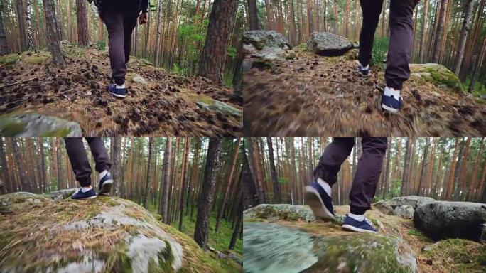 男性游客的腿在森林中行走的低角度视图，在树木的草地上踩着岩石和松果。徒步鞋类，人和冒险概念。
