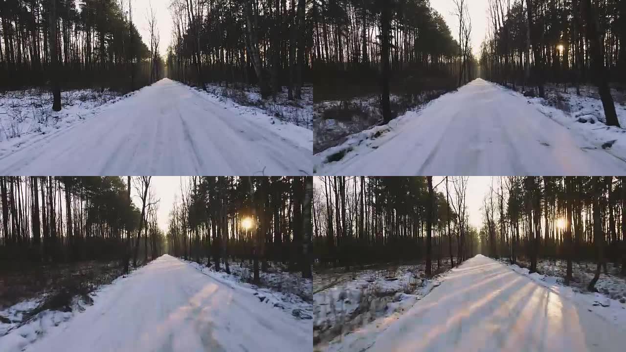 冬季白雪皑皑森林的高角度视图。积雪铺在地面上