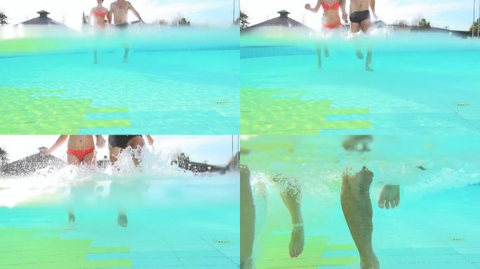 高清超级慢镜头：情侣在泳池里奔跑