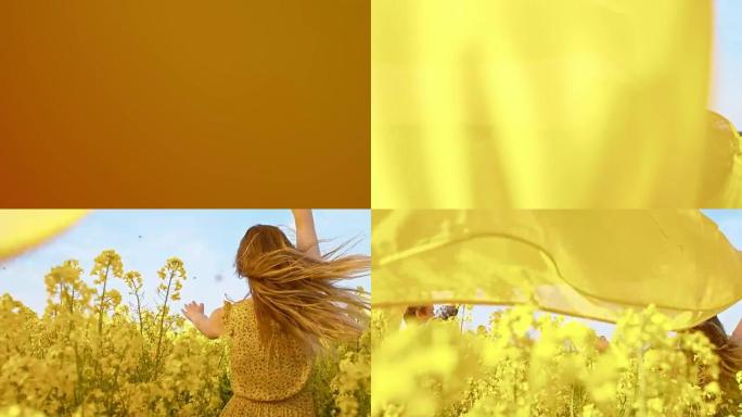 SLO MO夫妇穿着披肩在油菜花中奔跑