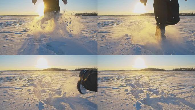 SLO MO在日落的雪地里跑步