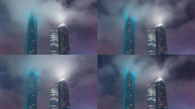 时间流逝-夜间在上海照亮的摩天大楼 (CU LA)