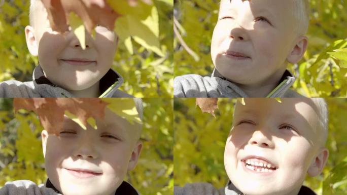 小男孩在秋季公园玩得很开心