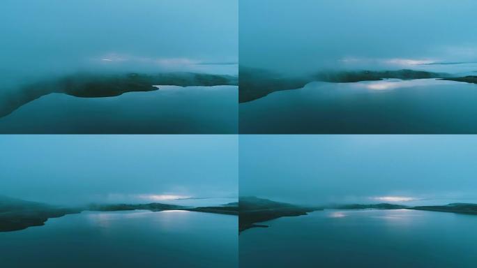 神秘的湖。鸟瞰图清晨早晨晨雾平静湖面宁静