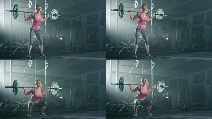 女健美运动员在健身房做举重运动