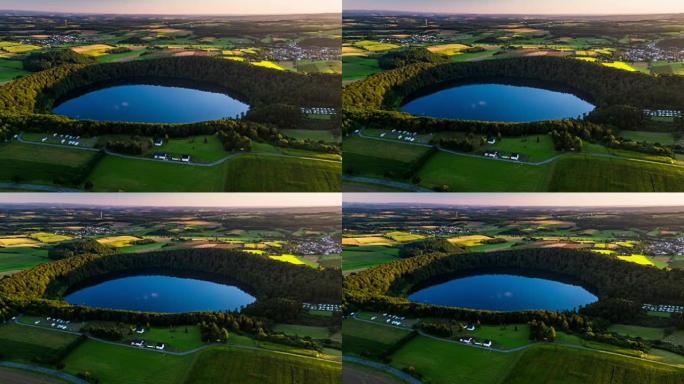 带有圆形火山口湖的田园诗般的景观鸟瞰图-德国埃菲尔