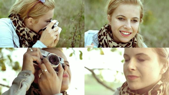 年轻女子用复古相机拍照