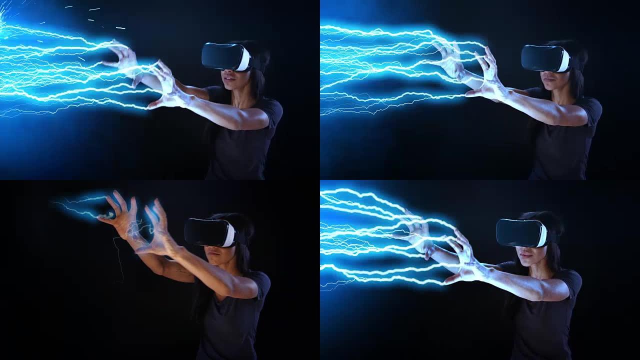 女人用激光束射击。虚拟现实模拟