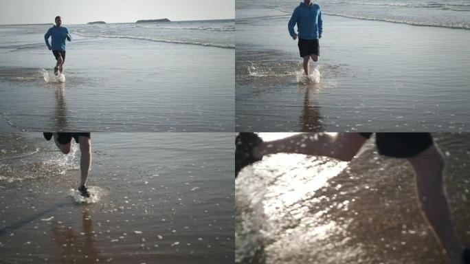 在海滩上慢跑踏浪而行慢镜头健康管理
