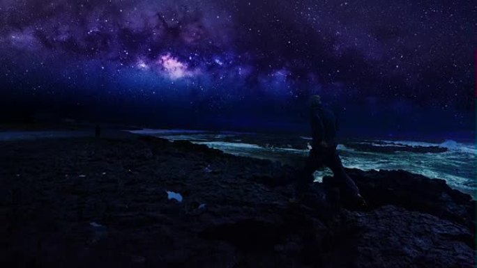 超现实的风景。五颜六色的天空，巨大的海浪和背景中的银河系