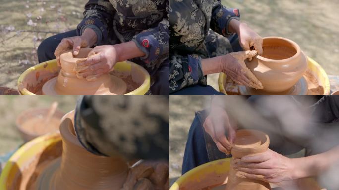 老年和青年制陶匠人制作陶器过程