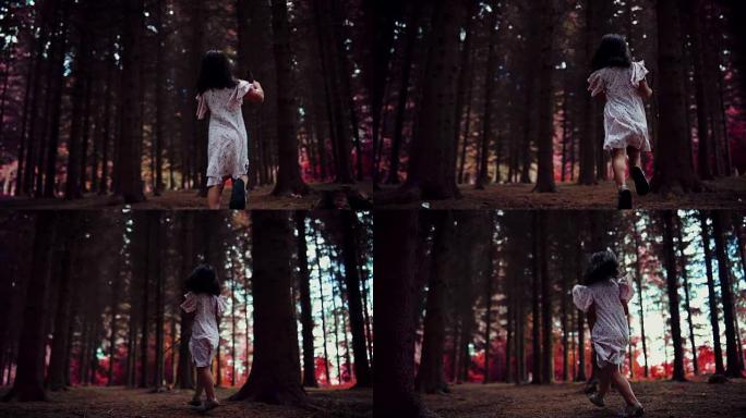 快乐的女孩在森林中跳跃