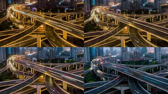 Time Lapse-黎明的上海公路，从夜间到白天 (平移)