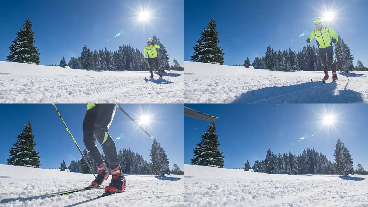 冬季景观中的男性越野滑雪者