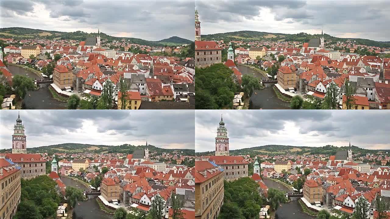 平移镜头: 捷克共和国黄昏时空中捷克克鲁姆洛夫老城