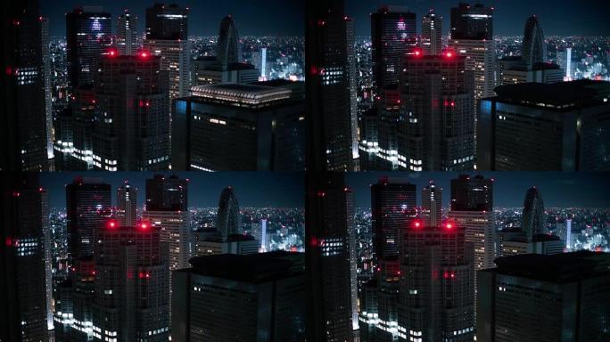 大城市晚上的时间流逝。黑暗中亮着灯的摩天大楼。
