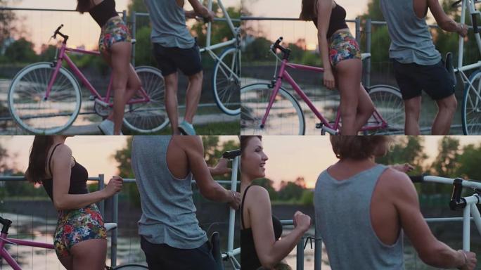 年轻夫妇玩自行车