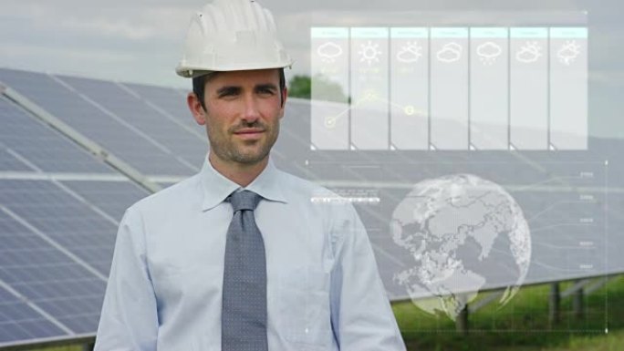 未来主义的工程师-太阳能光伏电池板专家，使用带有远程控制的全息图，执行复杂的操作以使用清洁可再生能源