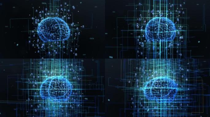 人工智能机器的数字大脑概念，随着对称的信息流和数据流从大脑中生长出来。