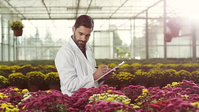 年轻男性生物学家年轻男性生物学家花卉大棚