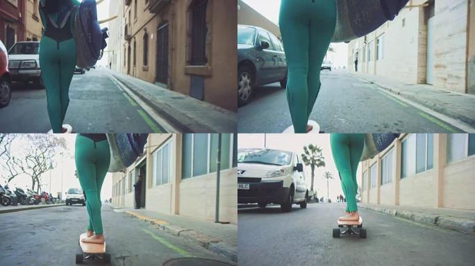 女人在街上滑板女人在街上滑板