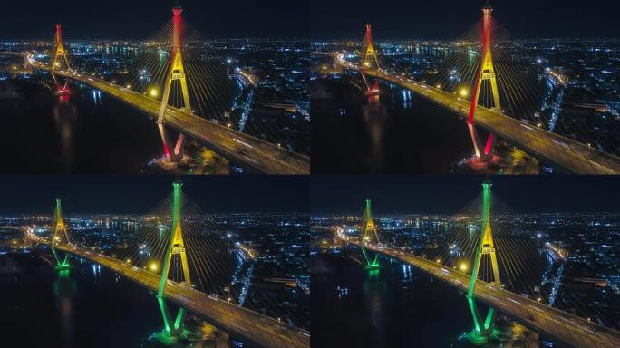 两次穿越湄南河的普密蓬大桥工业环桥的鸟瞰图。泰国曼谷新地标的暮色，日落场景