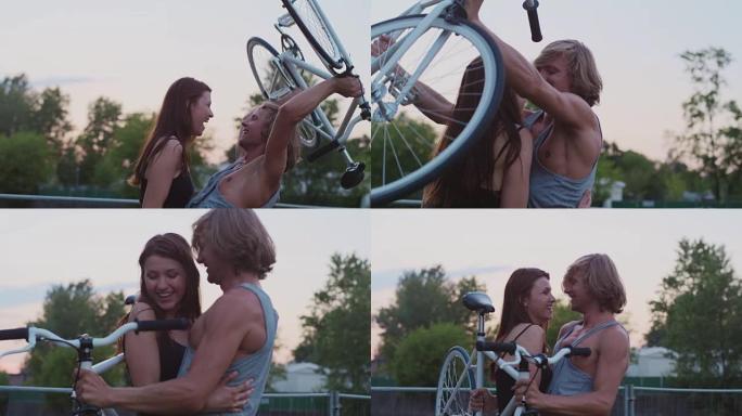 年轻夫妇骑自行车的浪漫约会