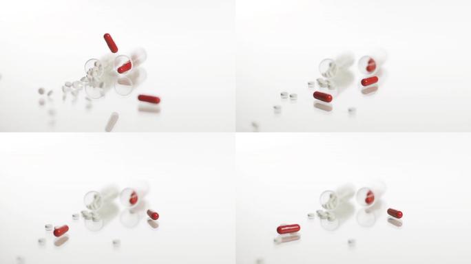 高清慢动作: 白色和红色药物掉落