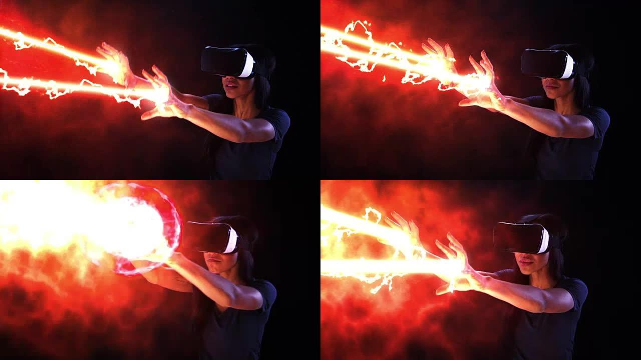 女人射击激光束。虚拟现实模拟